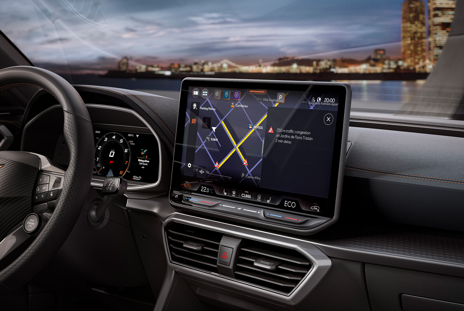 Monitor infotainment, volante, cruscotto e bocchette per l’aria della nuova CUPRA Leon 2024 Hybrid.